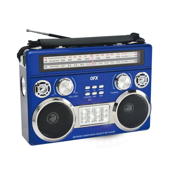 QFX Blue Portable Retro AM/FM/SW 3-Band Radio With Flashlight Bluetooth Boombox - Picture 1 of 4